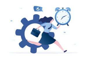 Efficient time, concept. Confident businesswoman runs out of large gear. Smart female manager holds alarm clock in hand. Efficiency in business, work productivity.